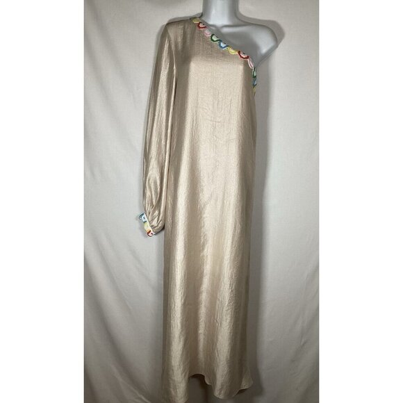 ZAYAN THE LABEL Gold One Shoulder Kaftan Beaded Size 14 Designer Wedding Boho - Picture 1 of 10